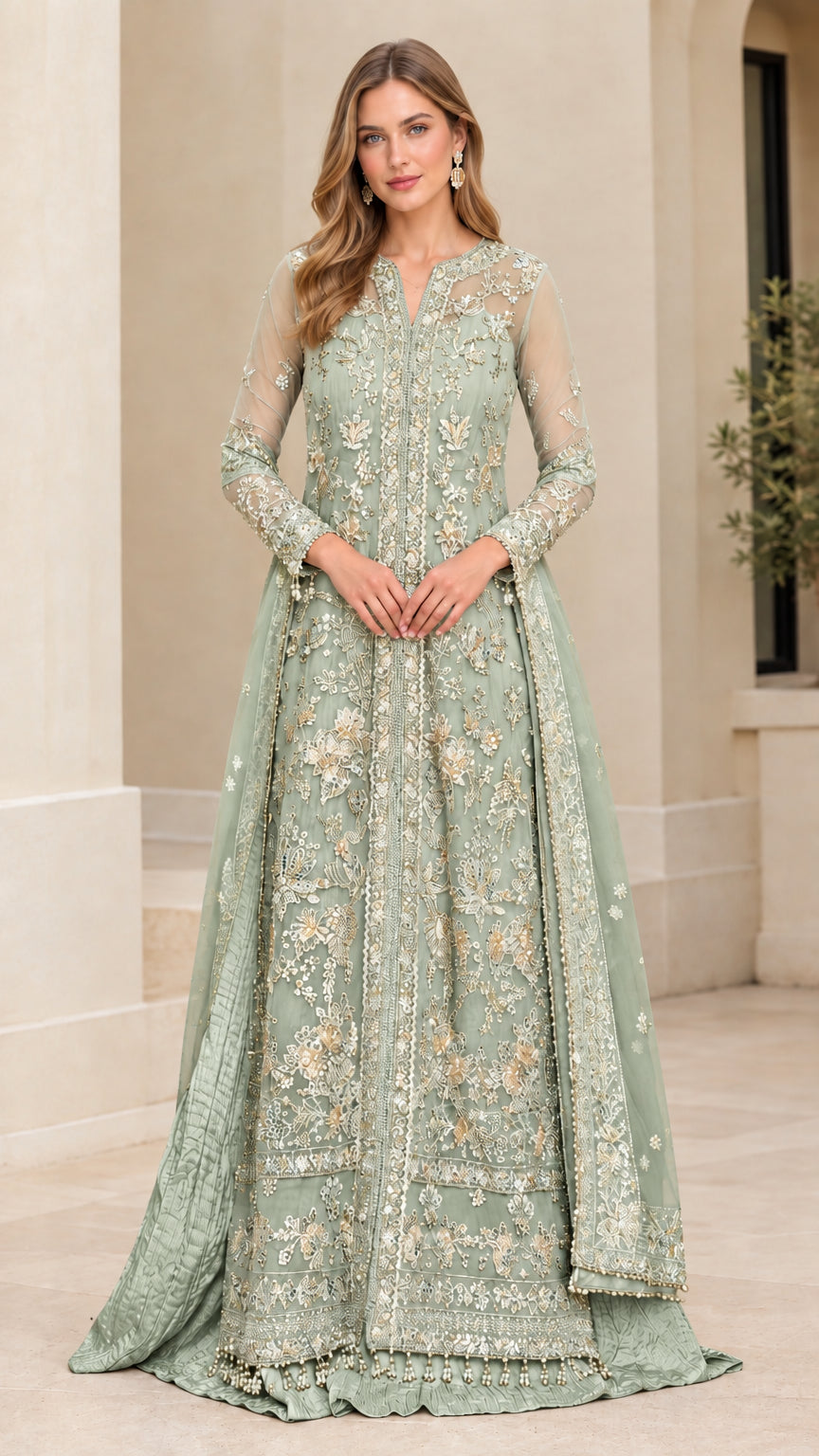 Model wearing sage green embroidered floor-length formal evening gown
