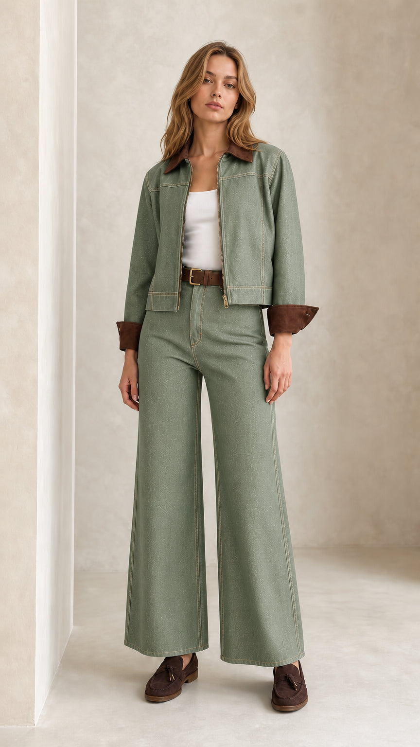 Model wearing Sage Green denim jacket and wide leg trousers set
