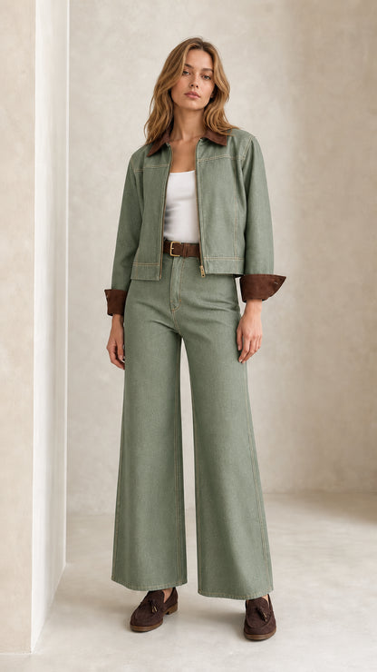Model wearing Sage Green denim jacket and wide leg trousers set