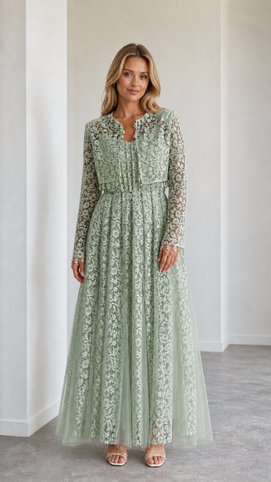 Model wearing sage green floral embroidered formal maxi dress set