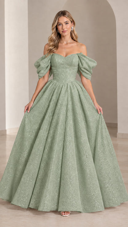 Sage green sparkling sweetheart ball gown with puff sleeves