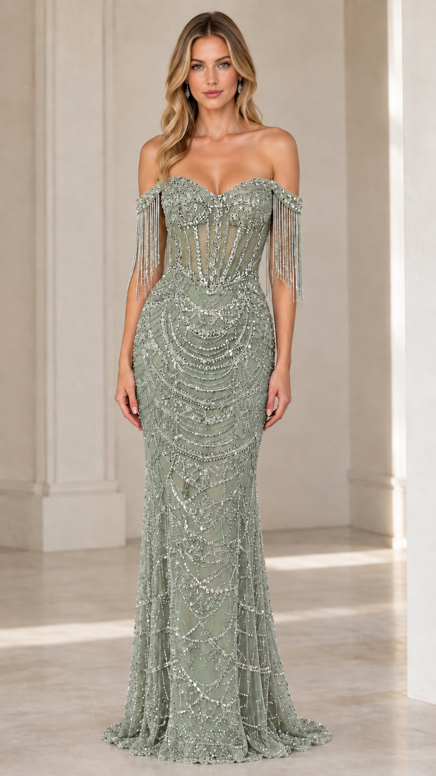 Sage green beaded mermaid evening dress with off-shoulder fringe