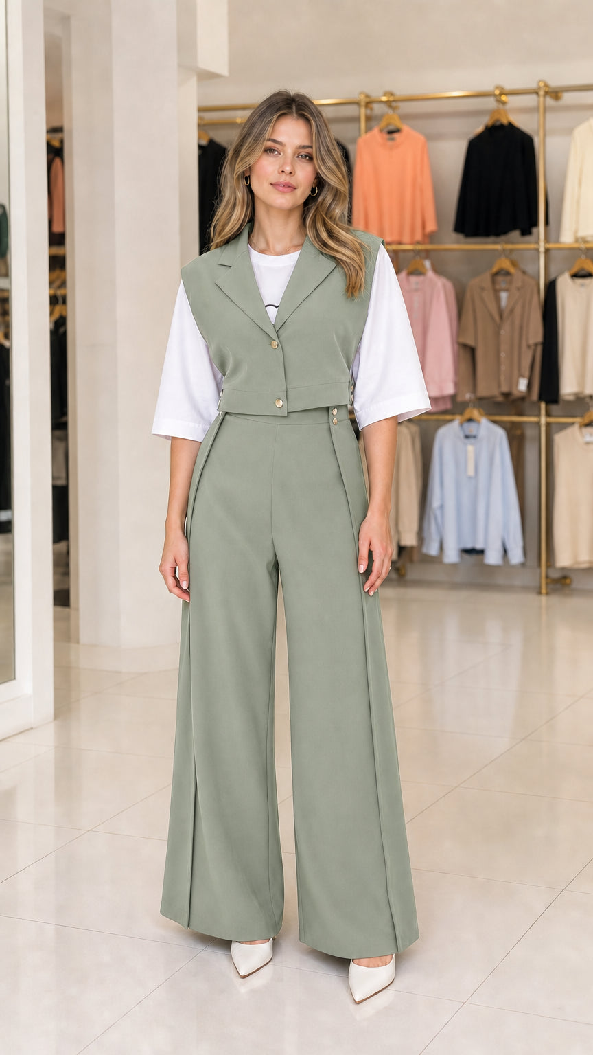Front view of model wearing sage green cropped vest and wide leg trouser set