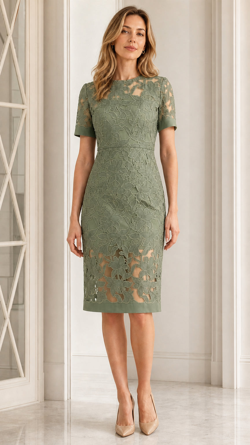 Full front view of sage green embroidered lace cocktail dress