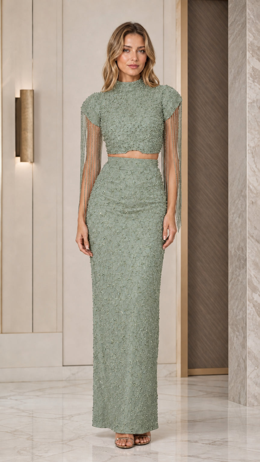 Sage Green Beaded Fringe Sleeve Two-Piece Maxi Dress Set