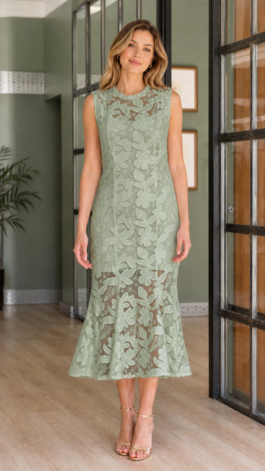 Front view of model wearing sage green sleeveless lace mermaid midi dress