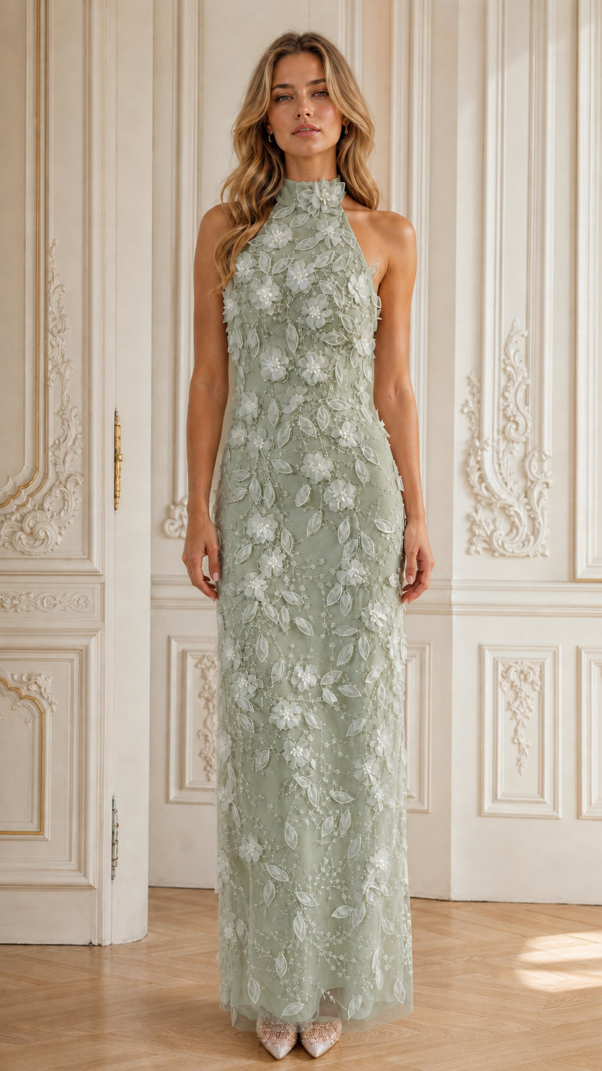 Sage green high-neck 3D floral embroidered maxi evening gown