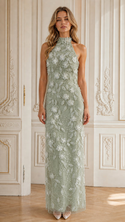 Sage green high-neck 3D floral embroidered maxi evening gown