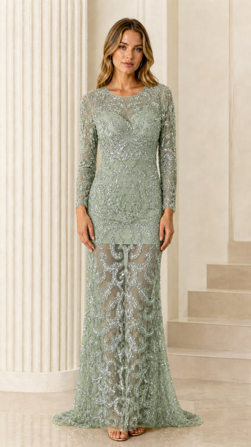 Sage green long sleeve sequined illusion floor-length formal gown