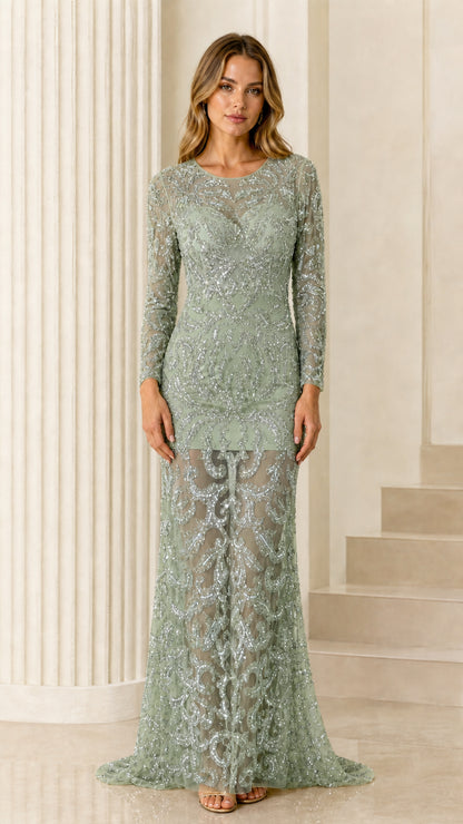 Sage green long sleeve sequined illusion floor-length formal gown