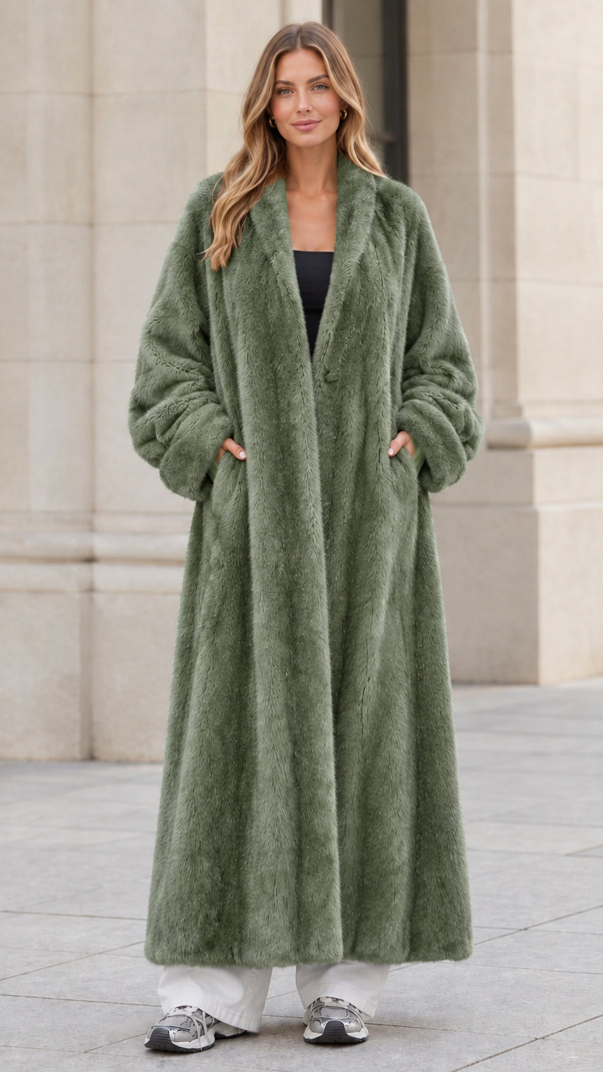 Front view of woman wearing sage green longline faux fur coat