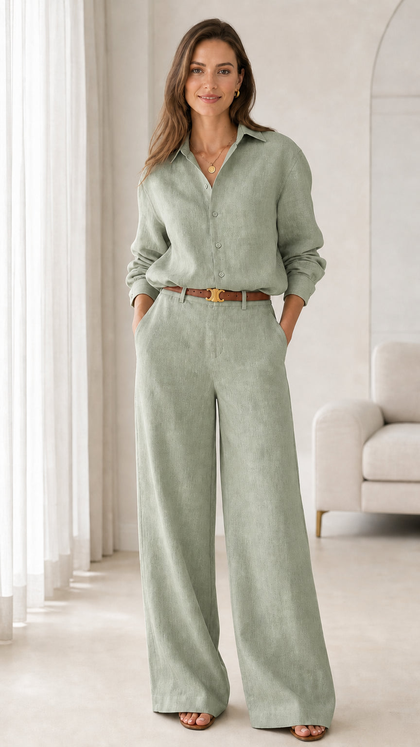 Women's sage green two-piece collared shirt and wide-leg pant set