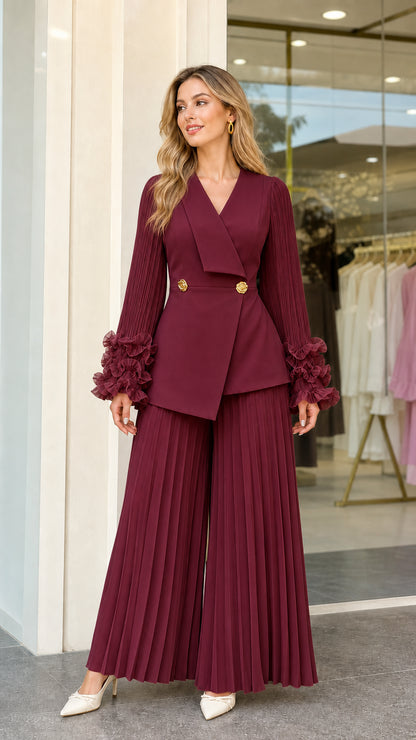 Burgundy wine wrap blazer and pleated wide-leg pant set