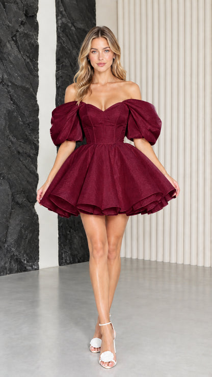Model wearing burgundy off-the-shoulder corset puff sleeve mini dress