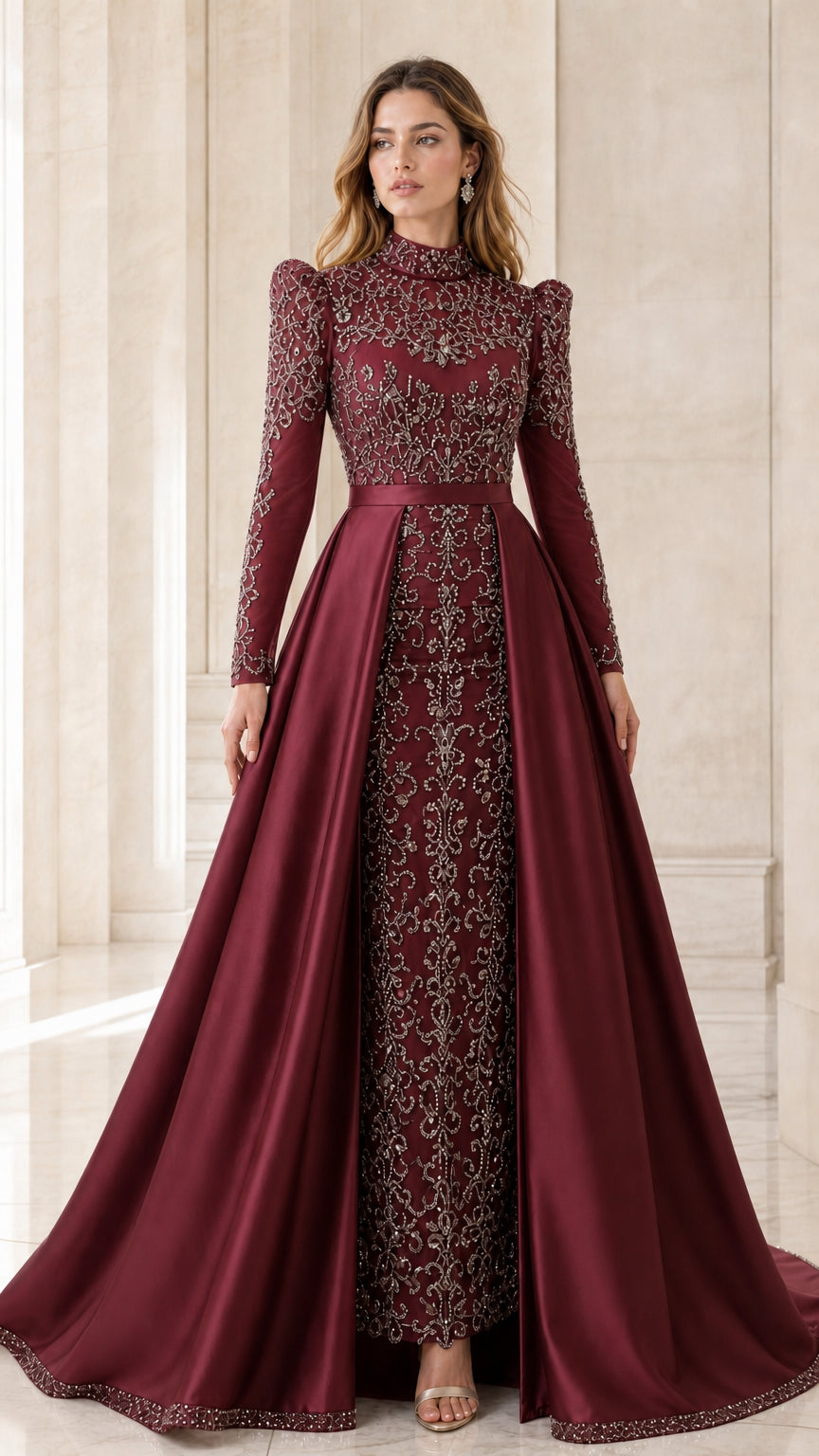 Model wearing rich burgundy wine red beaded evening dress with full satin overskirt