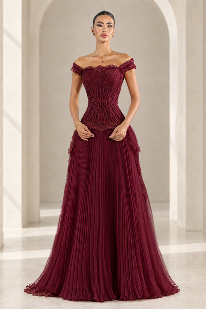 Front view of Burgundy off-the-shoulder pleated corset maxi gown