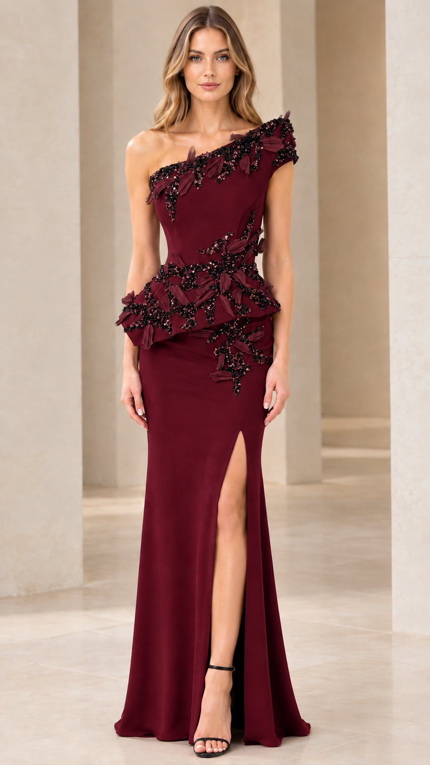 Front view of model wearing Burgundy one-shoulder beaded peplum evening gown