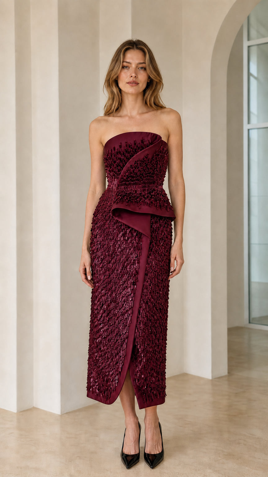 Burgundy color variant of strapless beaded peplum midi dress