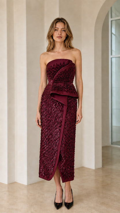 Burgundy color variant of strapless beaded peplum midi dress