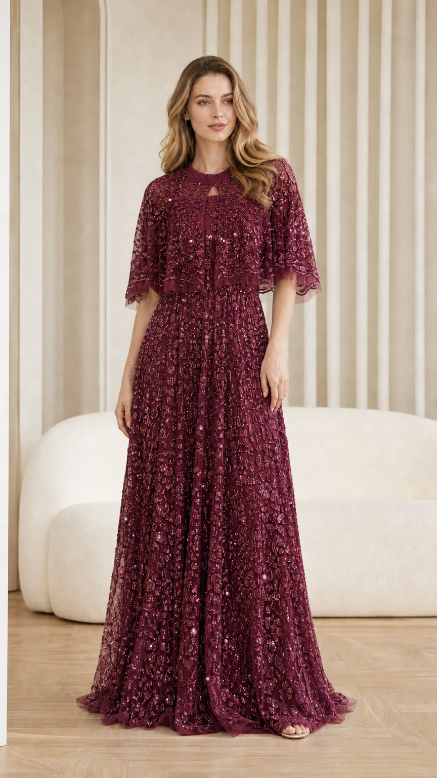 Front view of burgundy sequin maxi dress