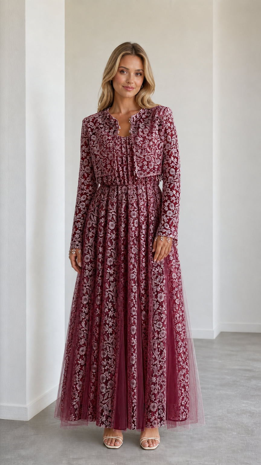 Model wearing burgundy wine lace maxi evening dress and jacket set