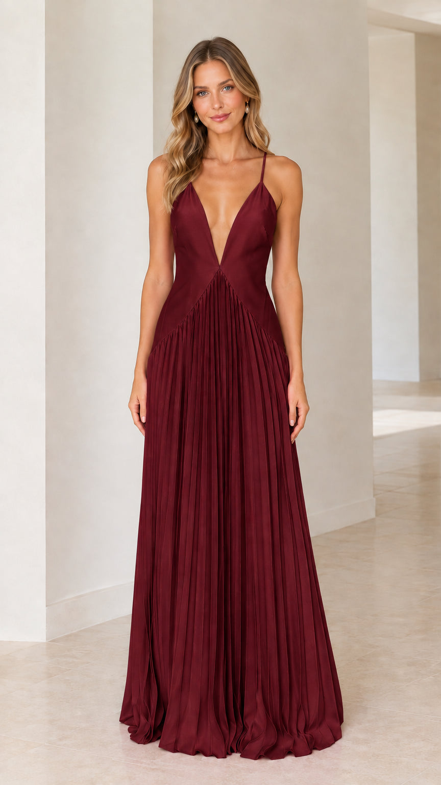 Burgundy wine red pleated evening gown front view