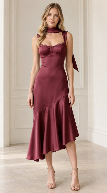 Full-length front view of burgundy wine satin bustier asymmetrical midi dress with scarf