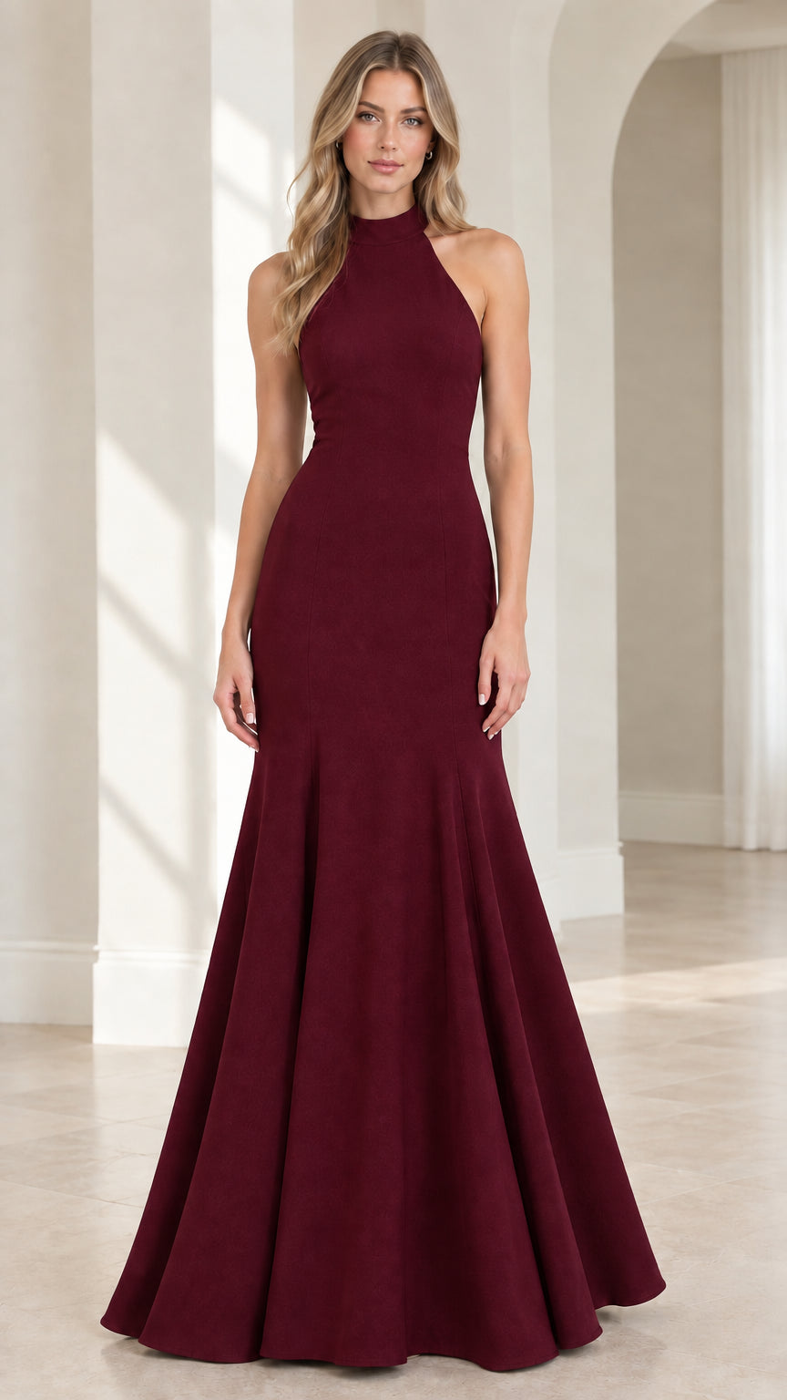 Front view of model wearing Burgundy halter neck mermaid formal gown