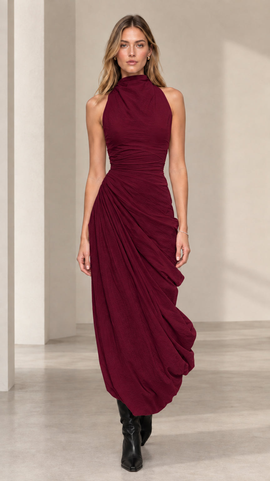 Front view of model wearing burgundy sleeveless ruched evening maxi dress