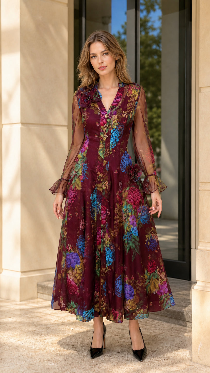 Full front view of model wearing burgundy floral print long sleeve maxi dress
