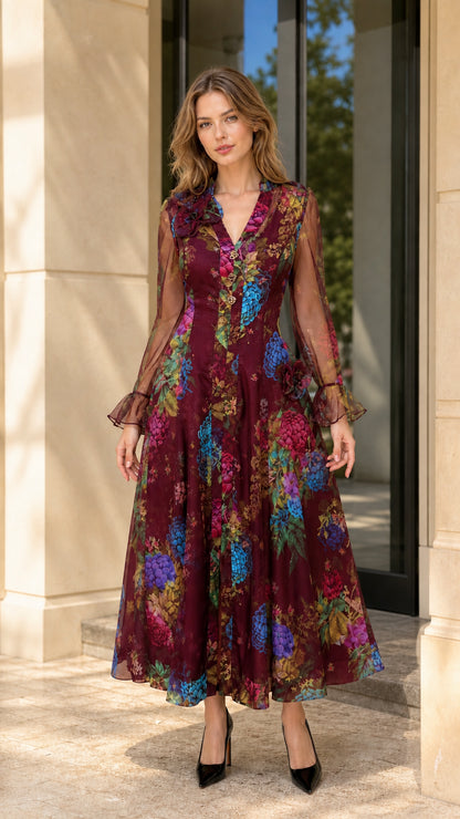 Full front view of model wearing burgundy floral print long sleeve maxi dress
