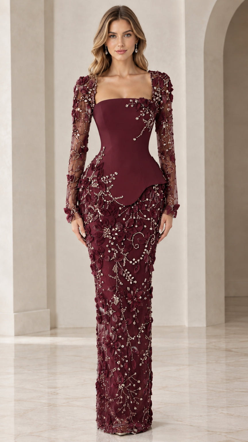 Burgundy wine red formal evening dress with long sheer embellished sleeves and lace skirt