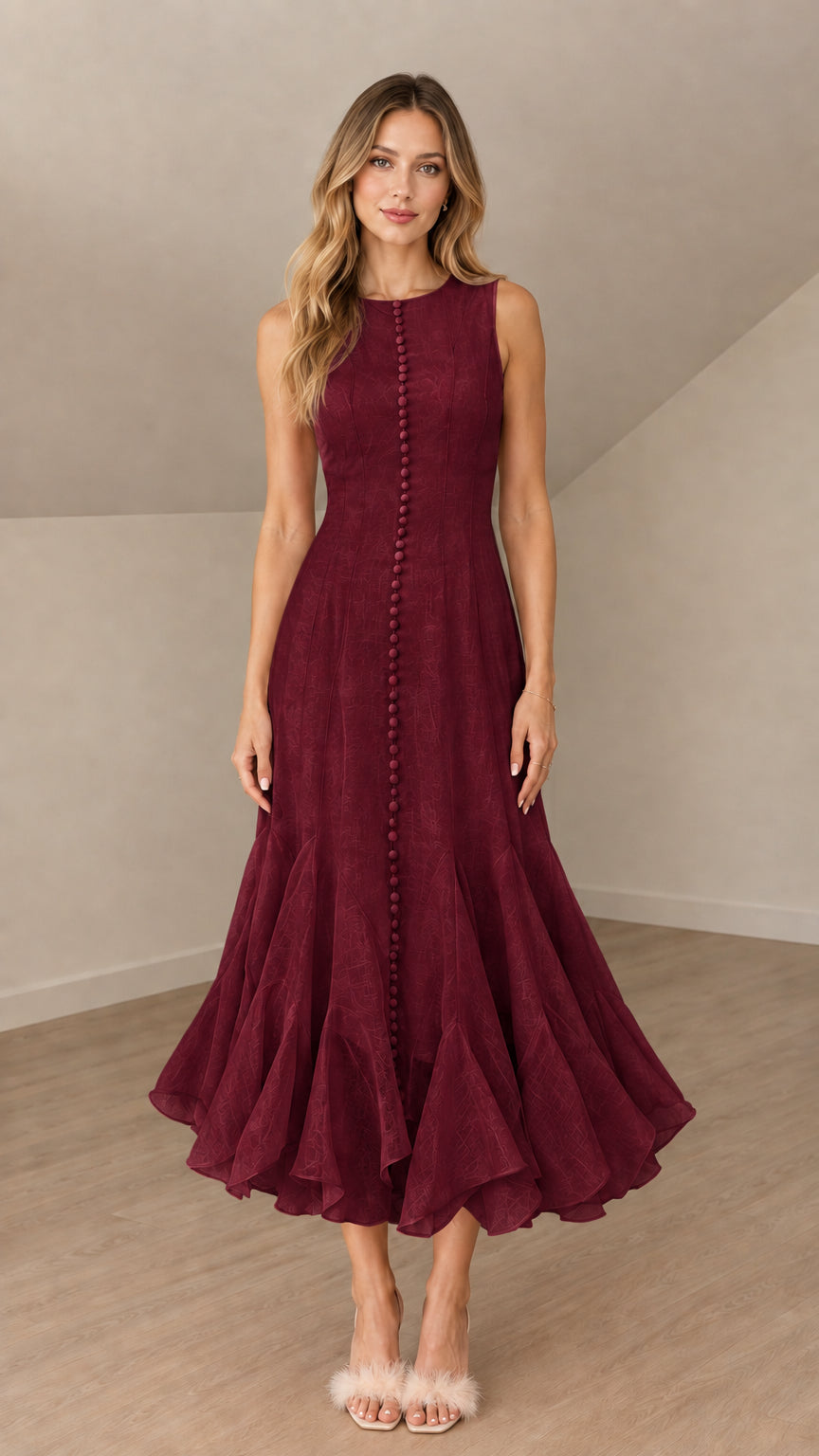 Front view of model wearing burgundy sleeveless button-front midi dress