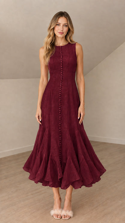 Front view of model wearing burgundy sleeveless button-front midi dress
