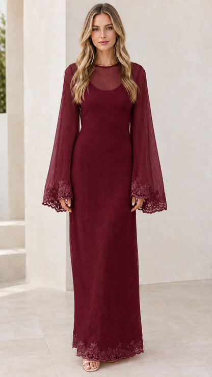 Front view of burgundy wine red bell sleeve formal maxi dress