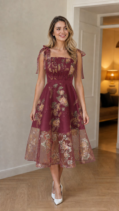 Burgundy floral embroidered tie-strap midi dress on model