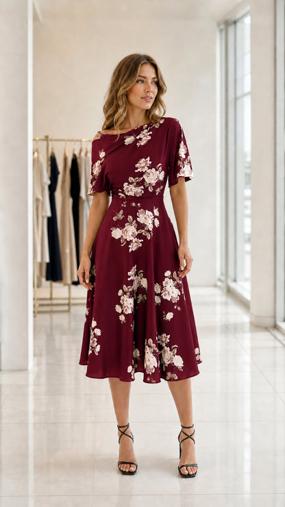 Front view of model wearing burgundy floral A-line midi dress