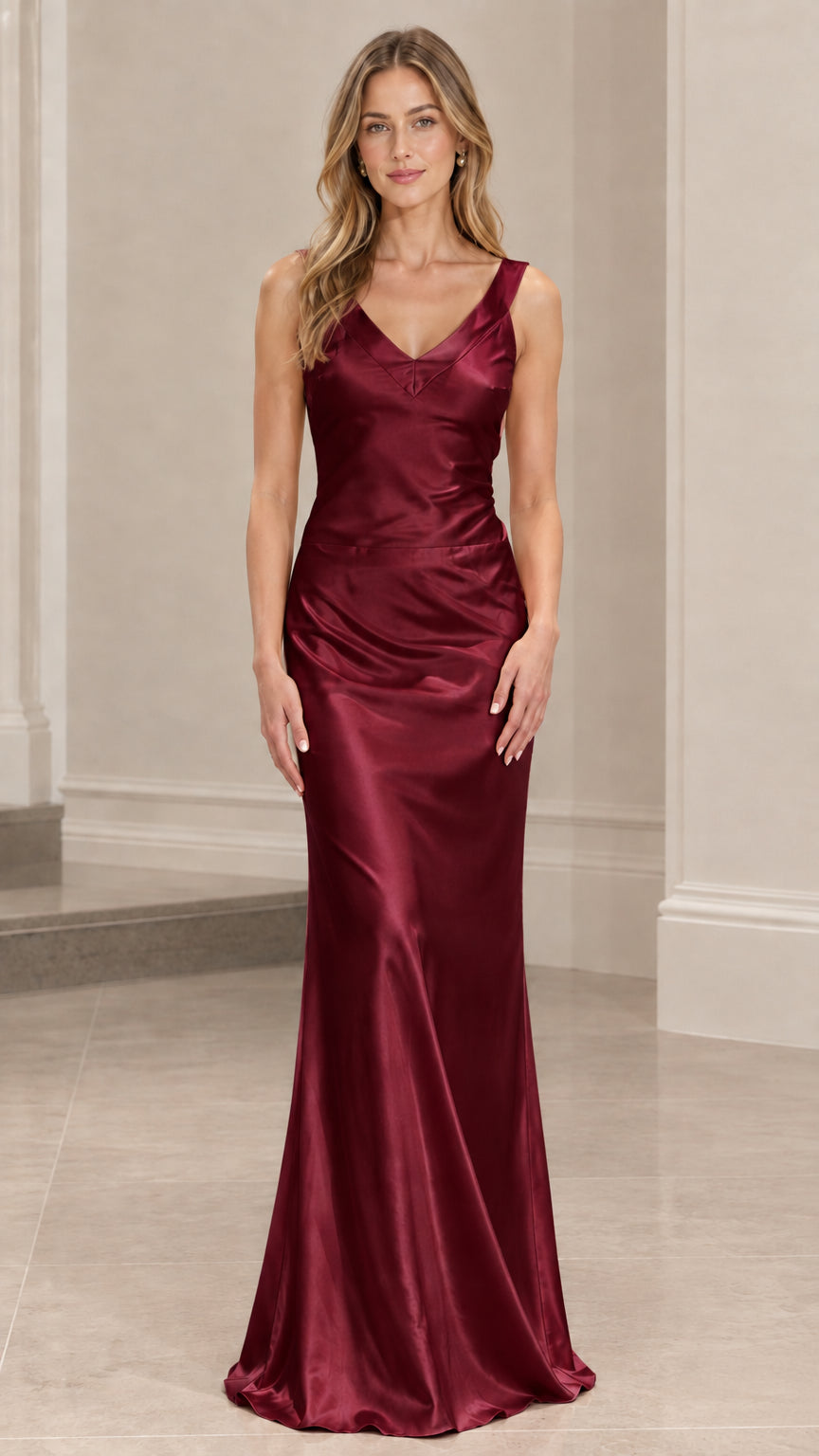 Front view of model wearing burgundy red satin evening gown