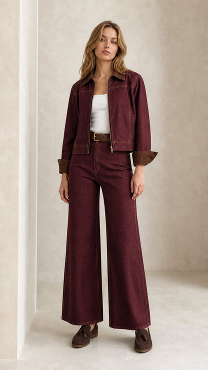 Model wearing Burgundy denim jacket and wide leg trousers set