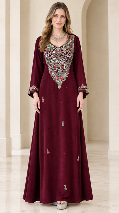 Front full view of burgundy wine embroidered kaftan maxi dress