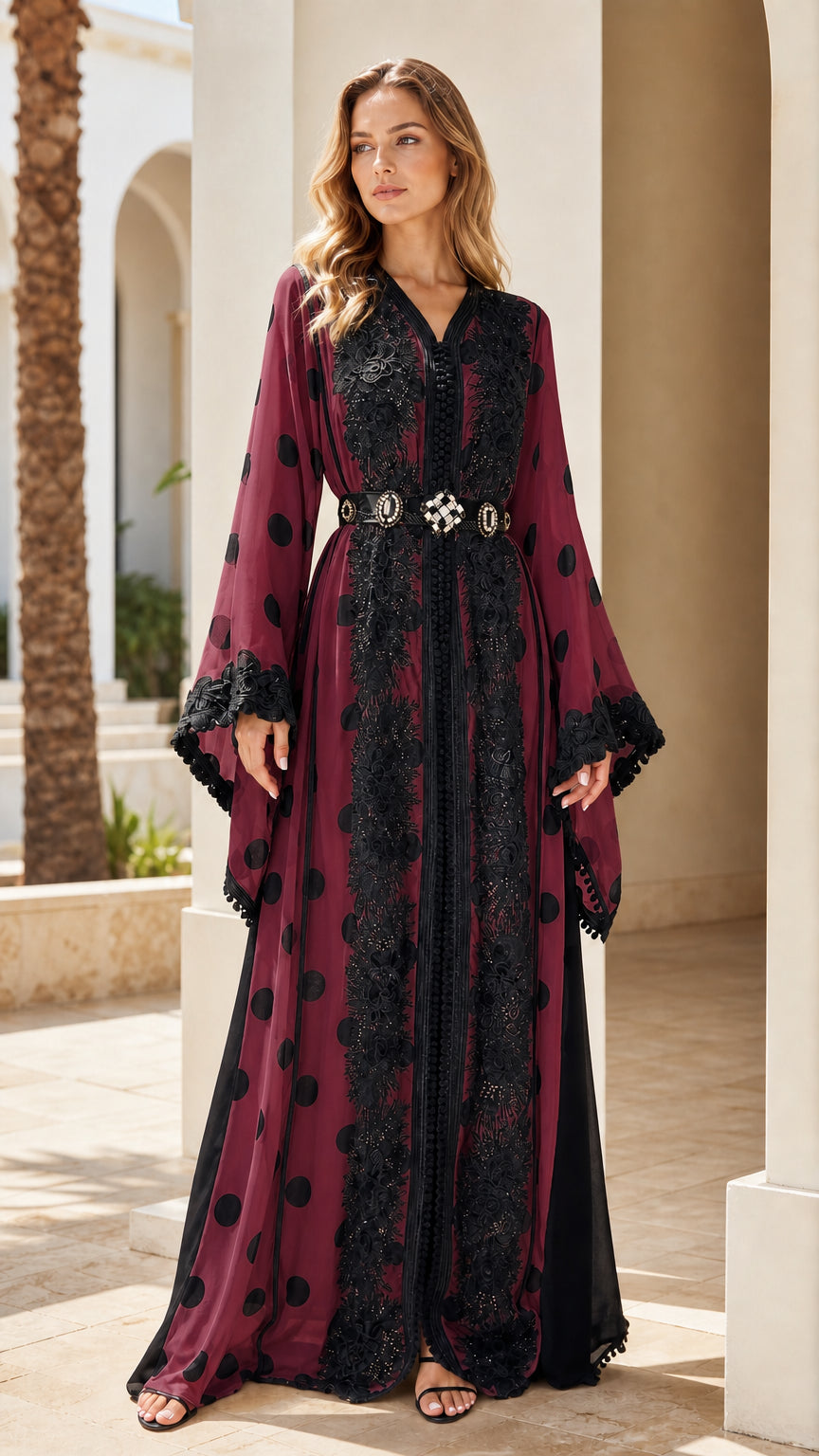 Full-length front view of woman wearing burgundy polka dot kaftan with black lace trim