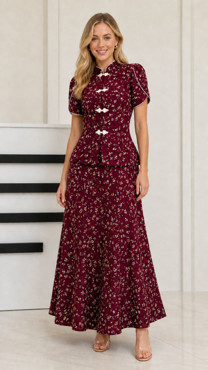 Wine Red floral print Mandarin collar two-piece maxi set