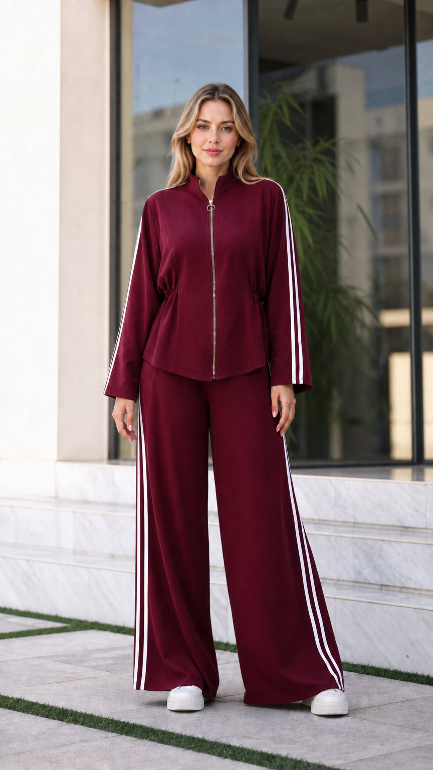 Women's Burgundy wine two-piece tracksuit set with white side stripes