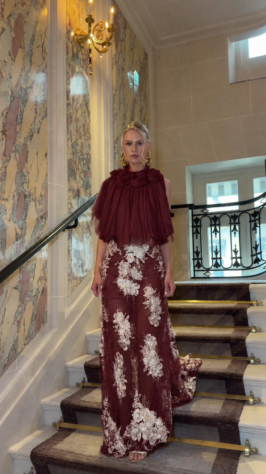 Burgundy pleated capelet floral embroidered sheer maxi gown