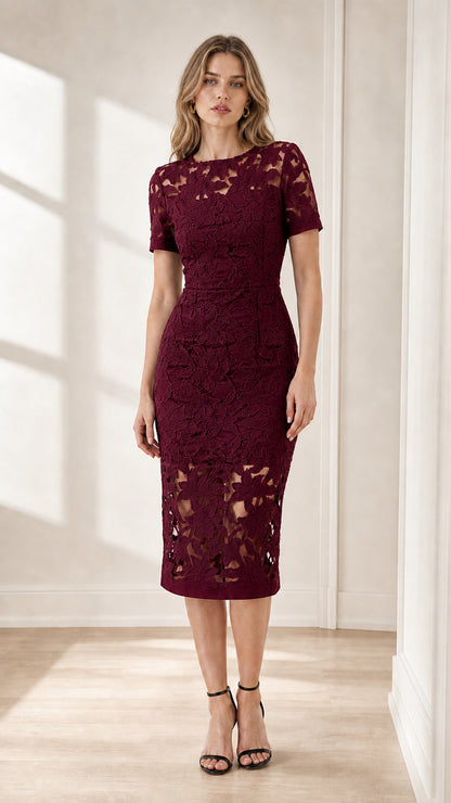Front view of model wearing burgundy floral lace midi dress