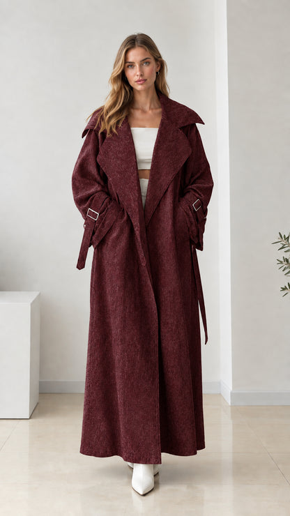 Full front view of women's burgundy wine maxi trench coat