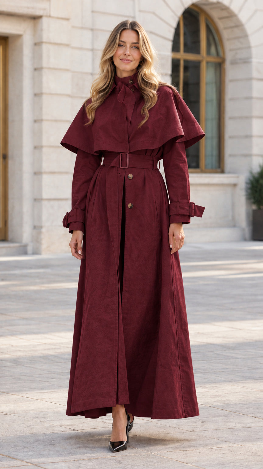 Full-length front view of model wearing Burgundy Maxi Cape Trench Coat