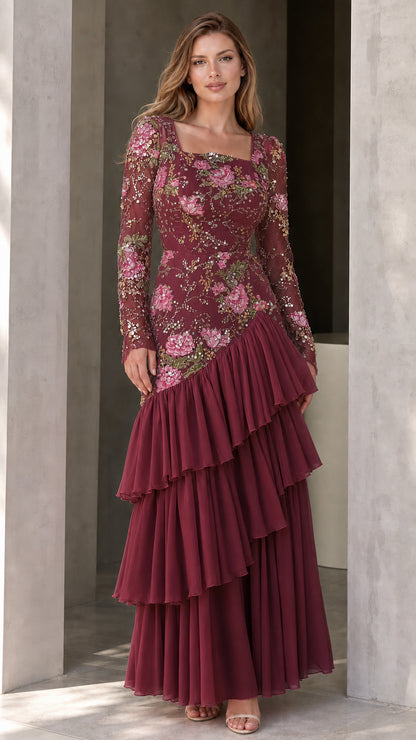 Burgundy wine floral sequin long sleeve evening maxi dress with ruffle hem