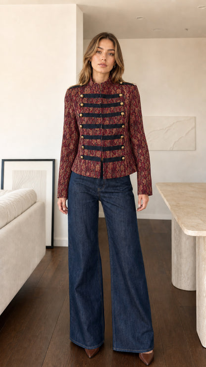 Front view of model wearing Burgundy wine red jacquard military band jacket