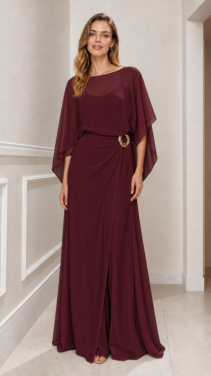 Burgundy wine red chiffon cape sleeve formal gown front view